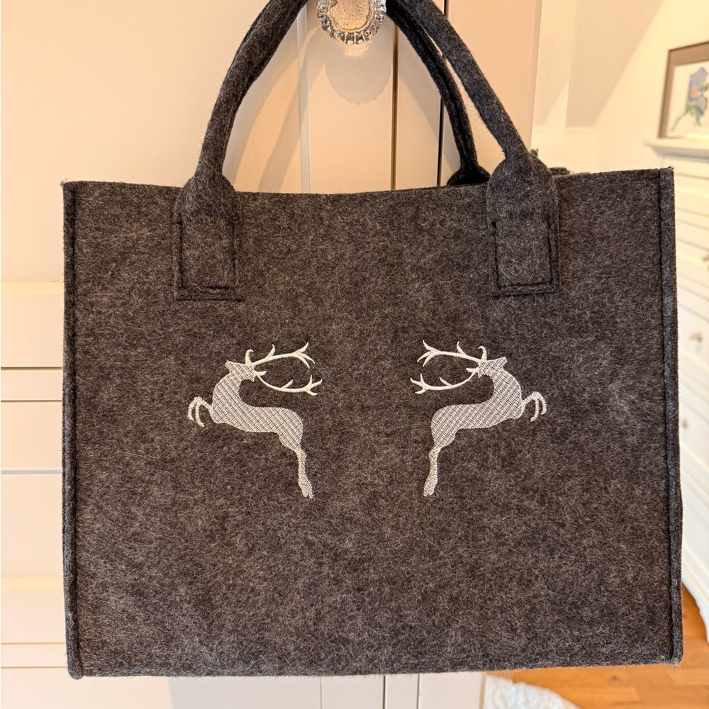 German Felt Tote Shopper Bag Grey with White Reindeer Design - New